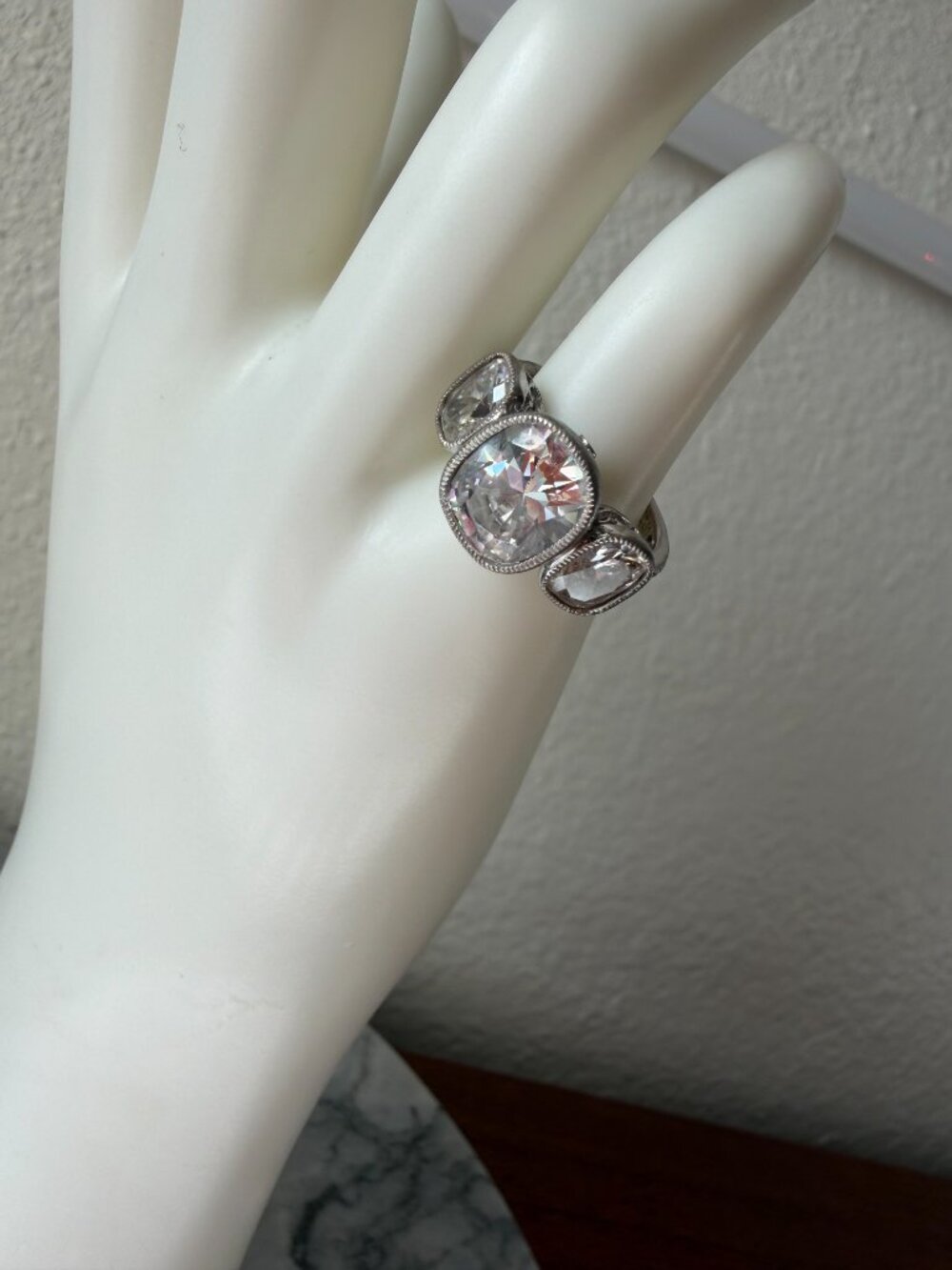 Vintage Jean Dousset Heirloom 925 CZ 3-Stone Mill-grain Cushion Cut Ring - Picture 7 of 17